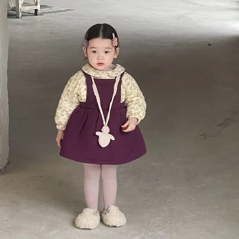 Girls Suits 2024 Autumn and Winter New Childrens Clothes Baby Girls Foreign Style Cotton Dress Straps Skirt Two-piece Set image 3