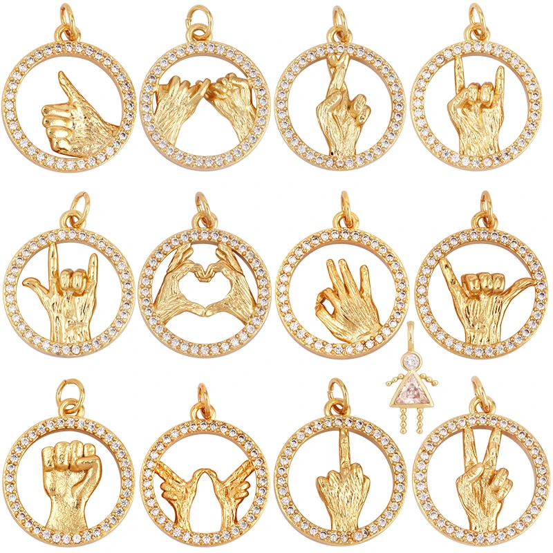 Hand Gesture Finger Sign Language Charm Pendant, Cubic Zironia CZ Paved,Jewelry Necklace Bracelet Making Wholesale Supplies L70