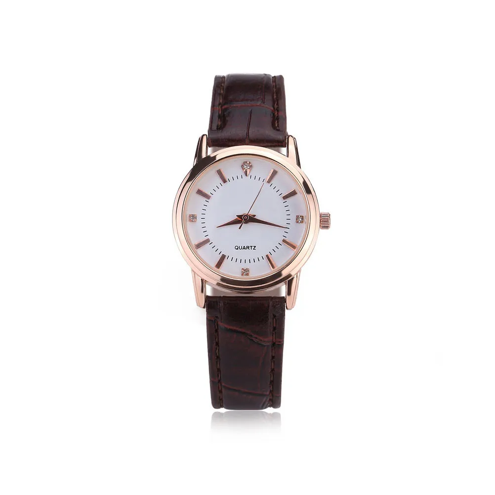 2Pcs Lover Quartz Watch for Couple Brown Strap Solid Needle Buckle Breathable Comfortable Elegant Design Diamond Accents