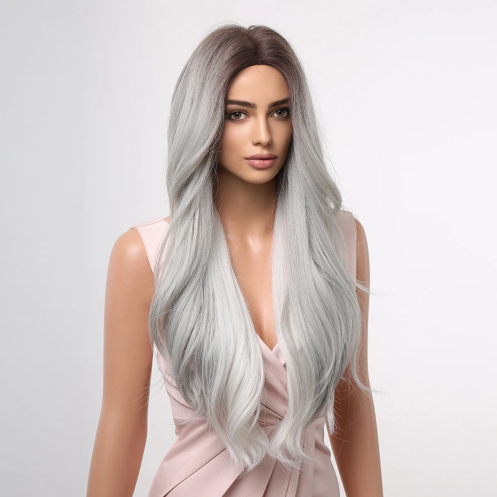 Long Body Wavy Wigs Grey with White Cosplay Synthetic Hair Wigs for Women Party Lolita Use Fake Hair Heat Resistant Dark Root