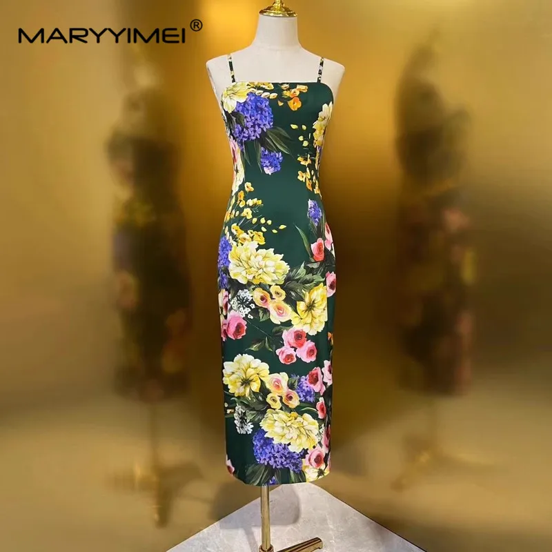 Maryimei New Fashion Designer women\'s 2024 Summer New Silk Spaghetti Strap Dress Sexy Floral Printed Split Hip Wrap Dress