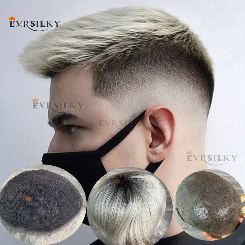 

1bt60 Ombre Platinum Blonde Man Hairpiece Breathable 100% Human Hair Durable French Lace Toupee Full Lace Hair Vloop PU Men Wig