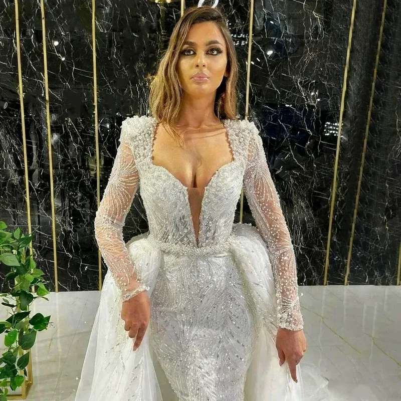 تخصيص 2026 جديد لامعة اللؤلؤ الترتر حورية البحر فساتين الزفاف العميق الخامس الرقبة زي العرائس انفصال قطار Vestidos De Novia #1