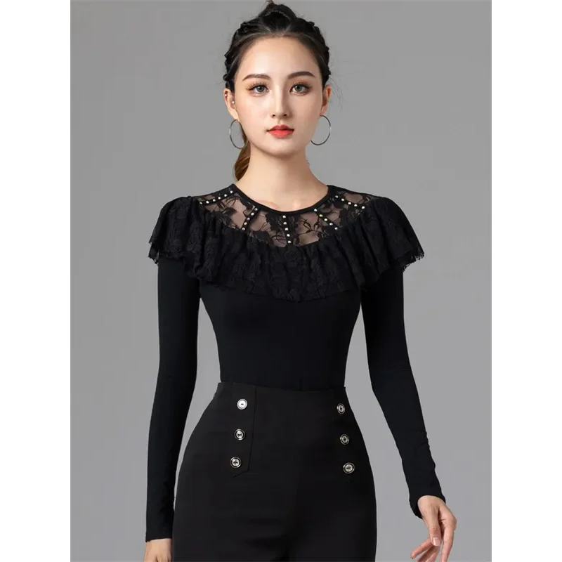 Round Neck Latin Dance Costume Evening T-shirt Jazz Solid Color Wear Pole Tango Clothes Women Mesh Patchwork Dancewear Line T*.1