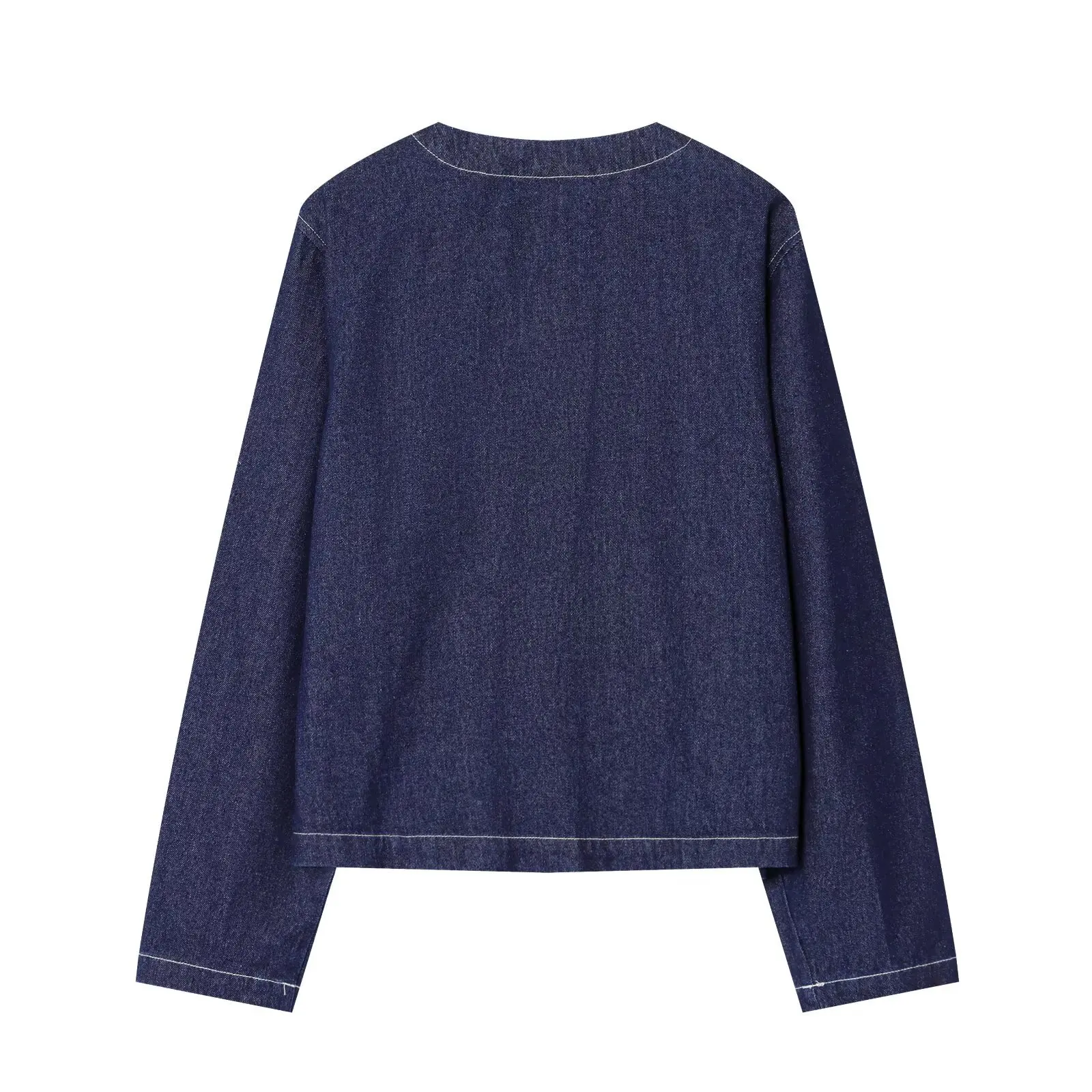 Dark Blue Denim Jacket Women Round Neck Long Sleeve with Multi Pocket Loose Fit Casual Commute New Style Outerwear