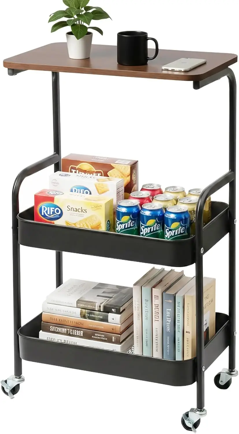 

3-Tier Metal Rolling Cart with Walnut-Textured Table Top,Utility Cart with Wheels for Bedside, Living Room, Kitchen,Offi
