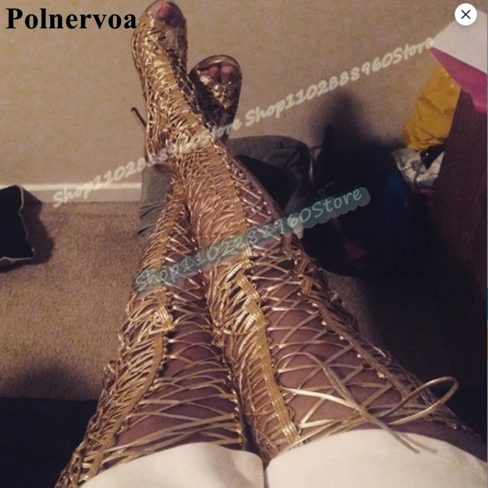 

Thigh High Gold Metallic Leather Cross Tied Sandal Boots Stilettos High Heel Shoes For Women Back Zipper Trending Party Shoes