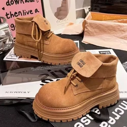 2025 Autumn Winter New Classic Retro Style Brown Suede Leather Lace Up Short Boots Women'S Platform Round Toe  Square Heel Shoes
