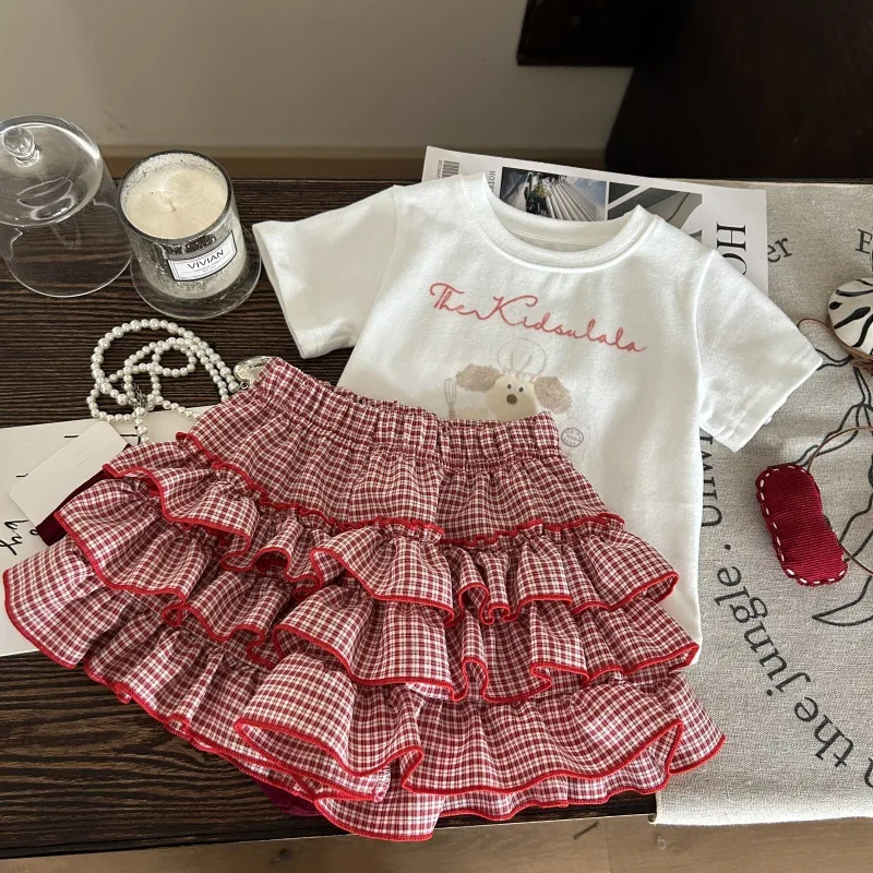 

T-shirt Cake Skirt Set 2025 New Summer Korean Fashionable Cute Casual T-shirt Plaid Cake Skirt Pants Two-piece Set Trendy