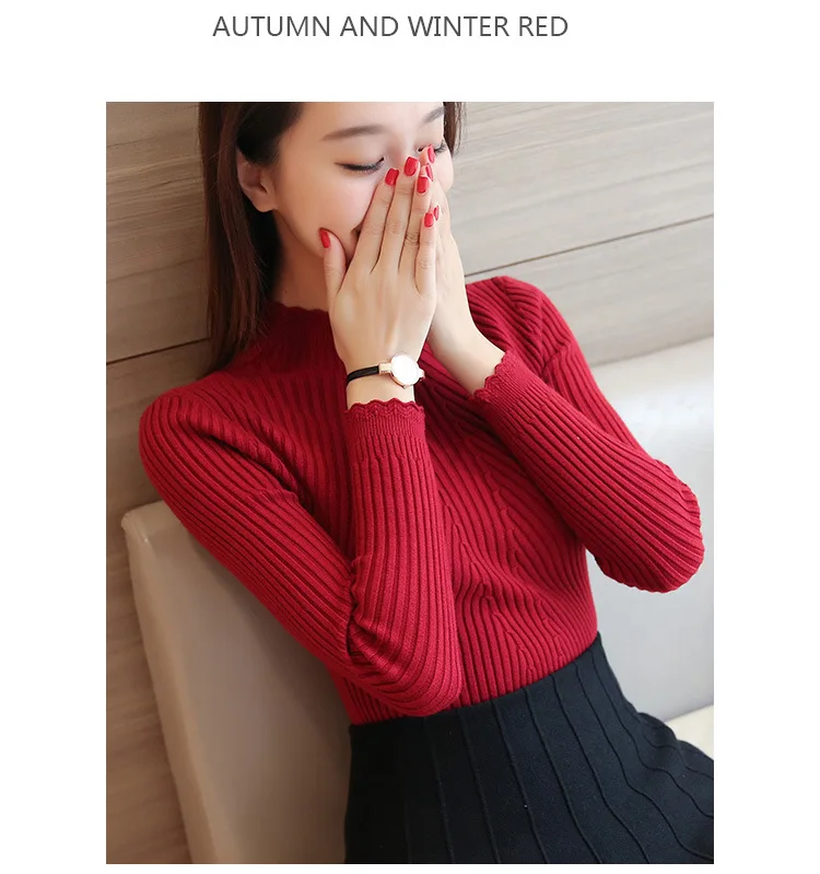 2026 Herbst Damen Mock Neck Rüschen Pullover Langarm Gestrickter Einfarbiger Pullover Gestreifter Damen Freizeitpullover Winter – Detail 3