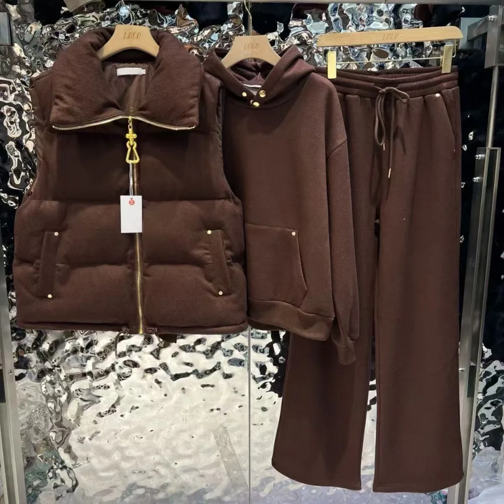 High Street 3-teiliges Damen-Anzug-Set Winter Warme Kapuzenjacke und Weste + Hose mit Elastikbund Dreiteiliges Set