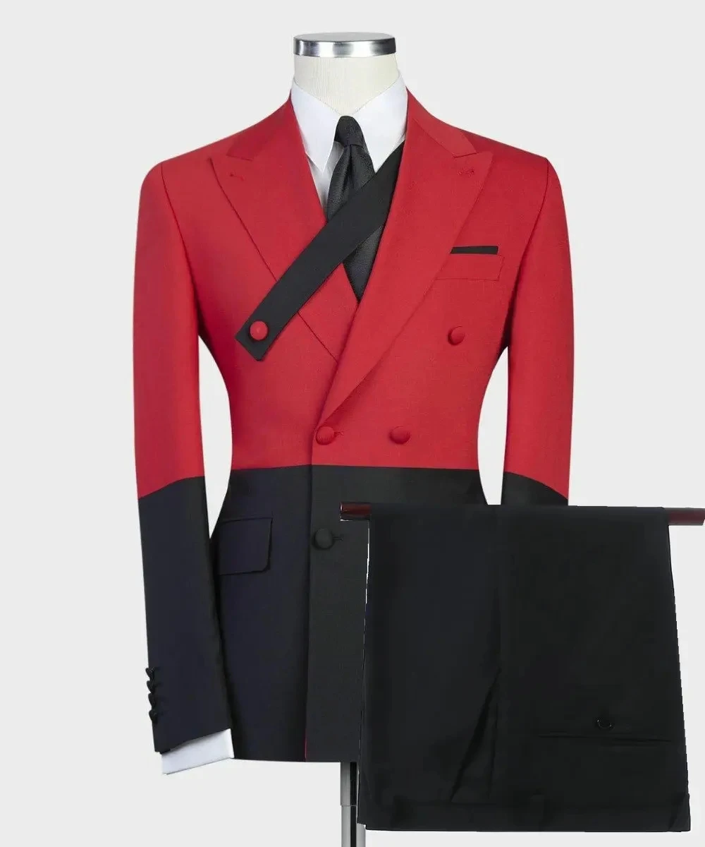 Abiti da uomo doppiopetto per matrimonio Groomsman 2 pezzi Smoking da sposo formale nero e rosso (giacca + pantaloni)