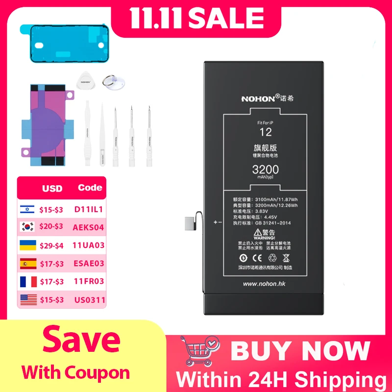 

NOHON iPhone Battery For Apple iPhone 15 14 13 Pro Plus 12 Mini 11 High Capacity Batteries For X XS 8 7 6S SE 5S Battery Repair