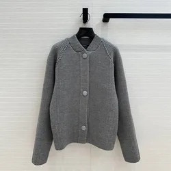 2024 New Autumn Fashion Gray Color Coarse Yarn Bomber Collar Gray Knitted Jacket Women Cardigans Single Breasted Loose Sweater