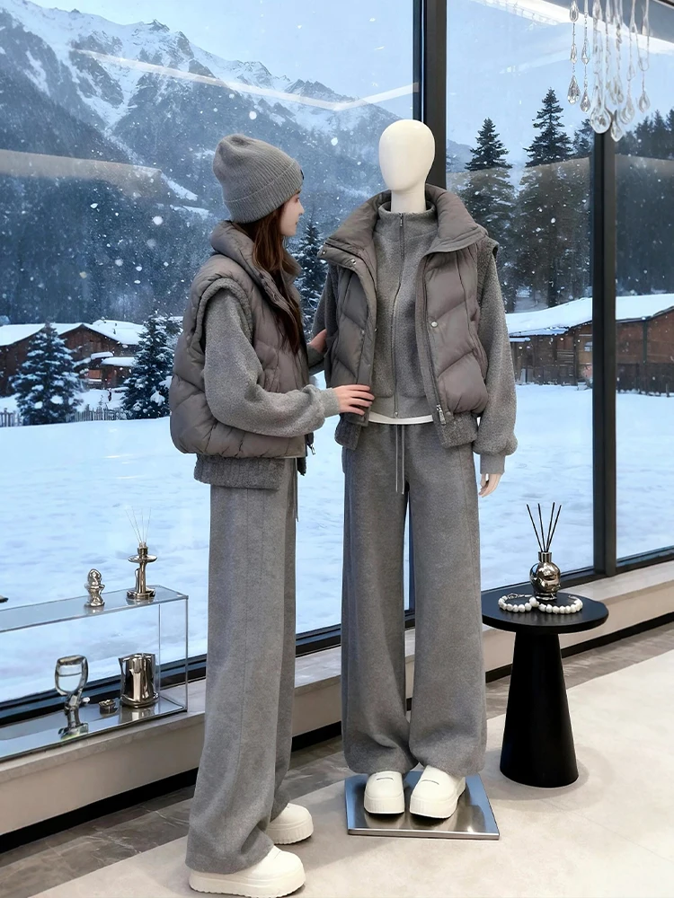 

plus Size Winter Faion Tee-Piece Set Sweatirt Jaet Overlap Cotton Vest Casual Pants Warm Thiened Outerwear for Women