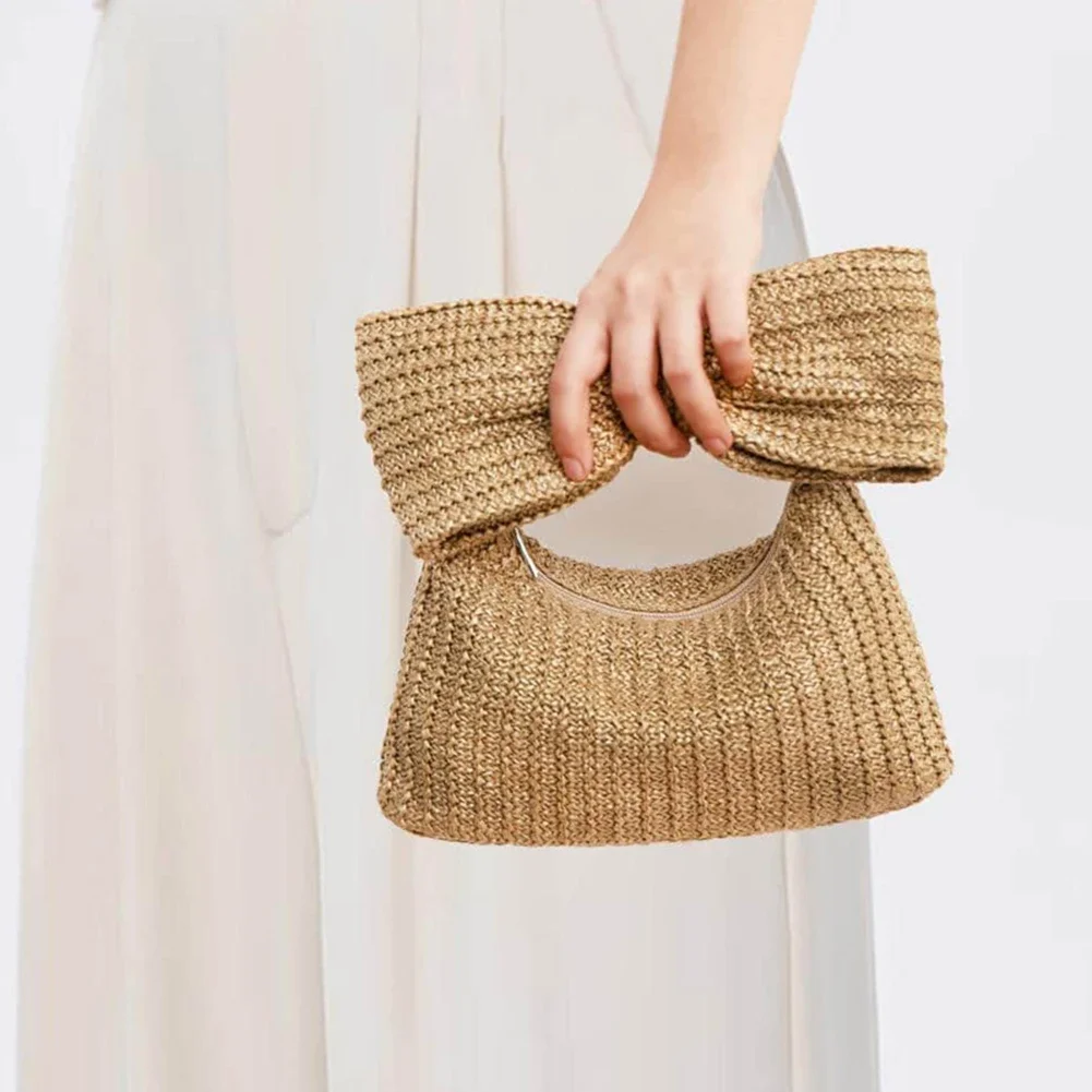 Fashion Women Straw Evening Bag Zipper Closure with Bow Straw Woven Handbag Versatile Female Party Wedding Bag