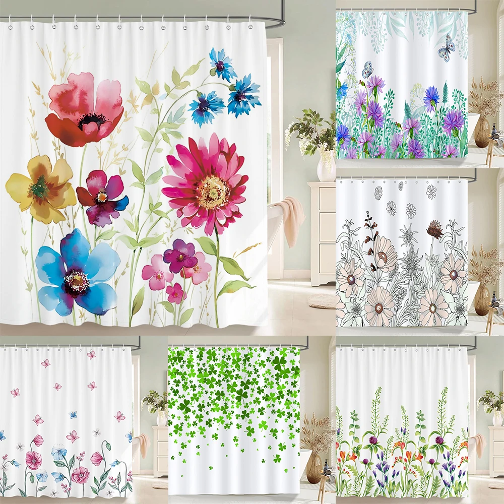 

1pc Fabric Shower Curtain with Hooks，Bathroom Shower Curtain，3D Modern minimalist style flowers Printed Fabric Shower Curtain