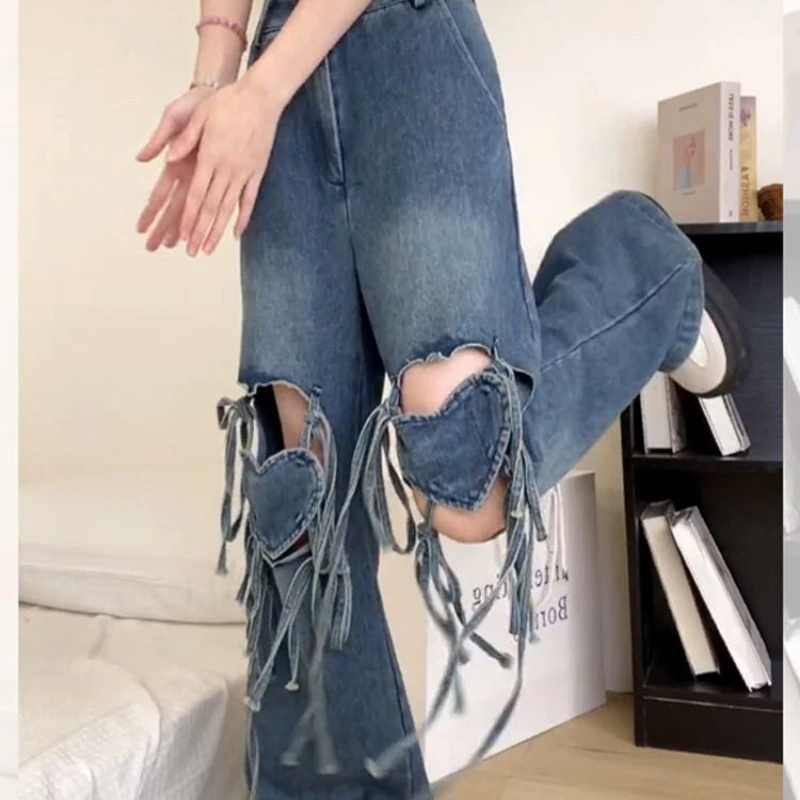 Women Wide-legged Pants Skeleton Jeans High Waisted Woman's Clothing Love Straps Y2K Hipster Solid Streetwear Baggy Trouser New