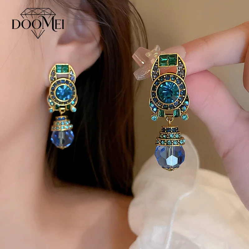 DOO MEI Vintage Blue Crystal Clip Earrings Women's Fashion Water Drop Earrings Wedding Banquet Evening Party Jewelry Gifts