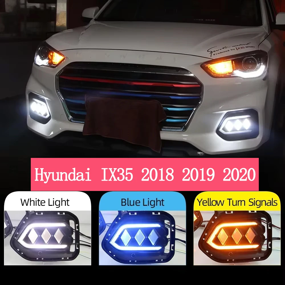 

2 PCS For Hyundai IX35 2018 2019 2020 3 Color LED Daytime Running Light 12V DRL LED Fog Lamp with yellow signal night blue