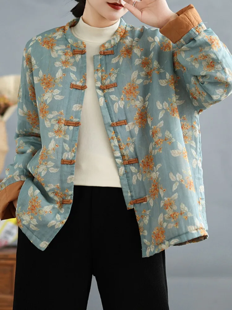 

Ретро-куртка ручной работы из тонкого хлопка с воротником, женская зимняя домашняя одежда, теплая хлопковая верхняя одежда с цветочным принтом, традиционный стиль