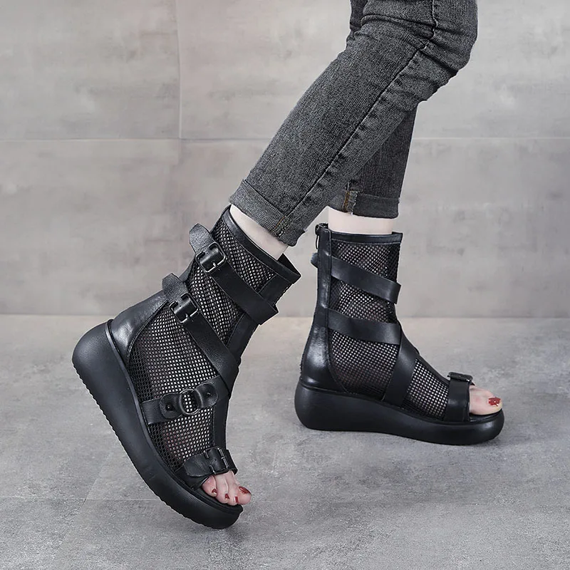 DRKANOL Fashion Women Wedges Sandals Summer Air Mesh Cool Boots Ladies Genuine Leather Open Toe Platform Gladiator Sandals Black