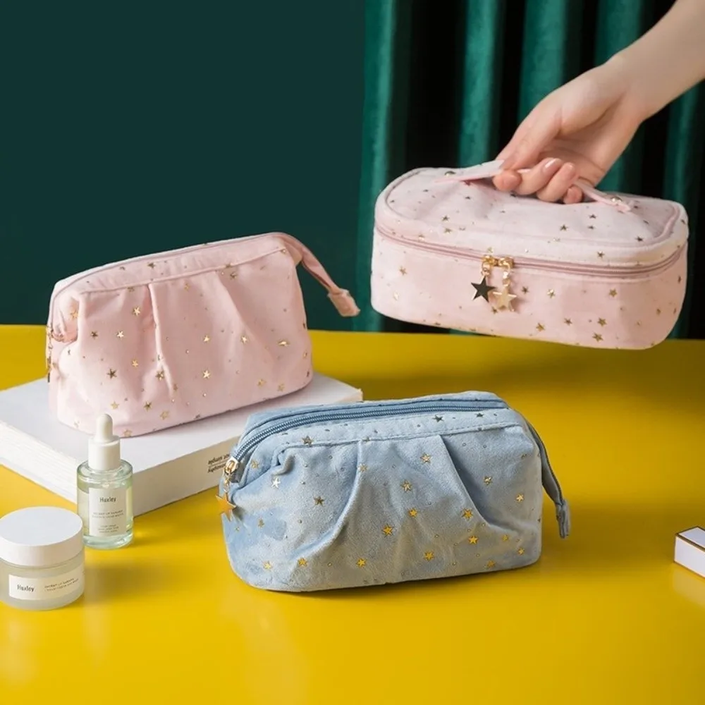 Large Capacity Travel Cosmetic Bag Bronzing Stars Cubic Shell Shape Women's Toiletry Pouch Velvet Material Wash Pouch