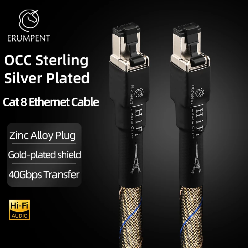 Hi-end Cat8 Ethernet Cable OCC Sterling Silver Plated Zinc Alloy Plug 40Gbps 2000MHz High Speed LAN Wire for Router Laptop