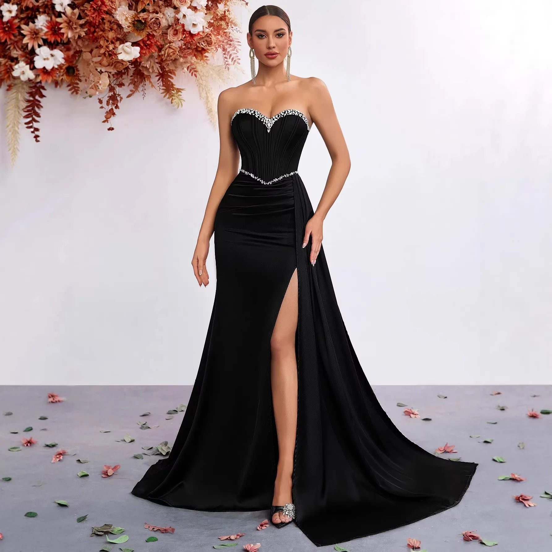 

Couture Customized Black Satin Formal Evening Dress Strapless Crystal Beaded Corset Bodice High Split Mermaid Long Prom Gown