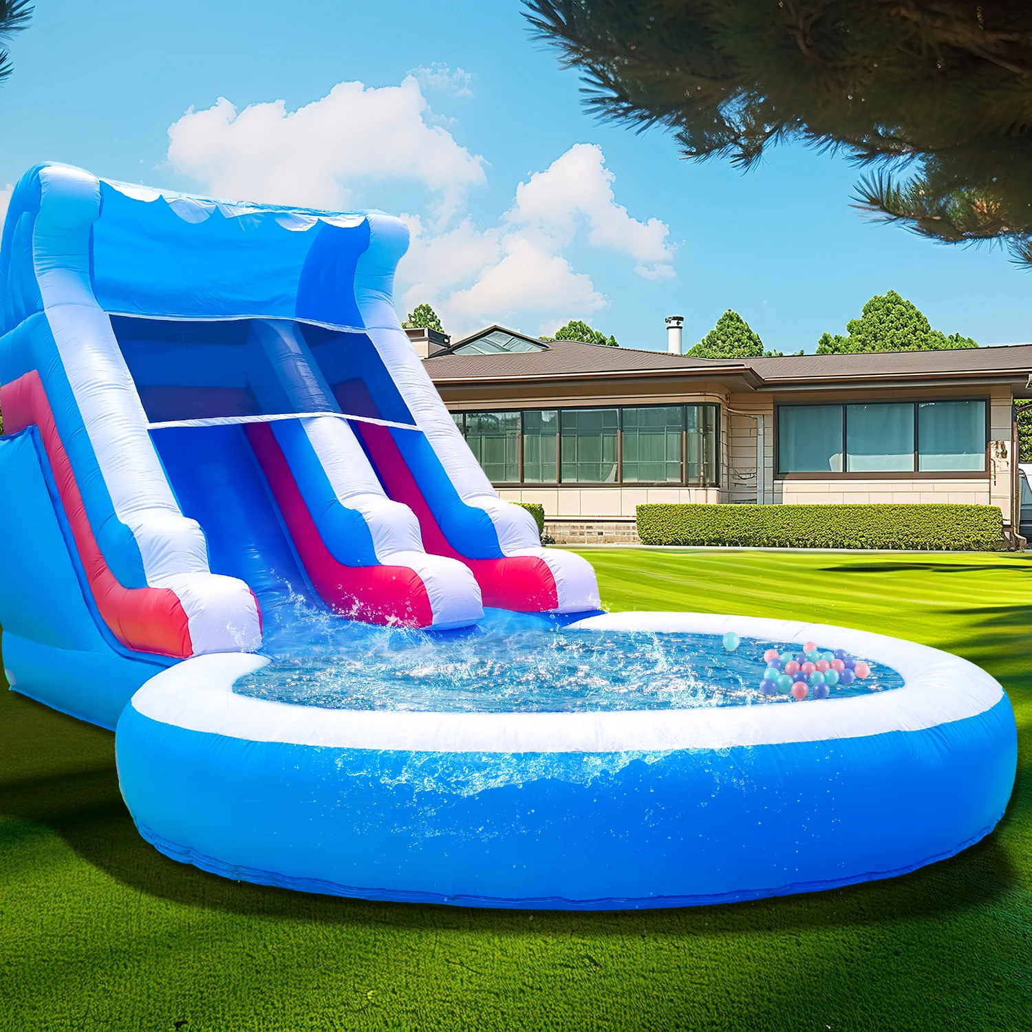 Party Inflatable Summer Outdoor Sildes Air Bounce Water amusement Play Equipment Inflatble Water Double Slide Bubble Ball Pit