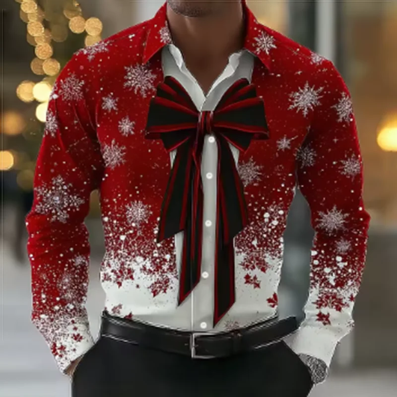 2025 Heren Kerst Sneeuwvlok Formeel Overhemd, 3D Gedrukt Stropdas Ontwerp, Elegante Smoking Stijl, Vakantie Feest Bruiloft Kledij, Lentekleding