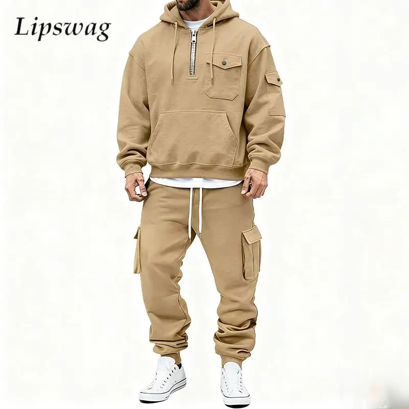 

Stylish Mens Two Piece Sets Fall Winter Sports Fitness Casual Solid Color Hoodies And Cargo Pants Tracksuits Men Vintage Suits