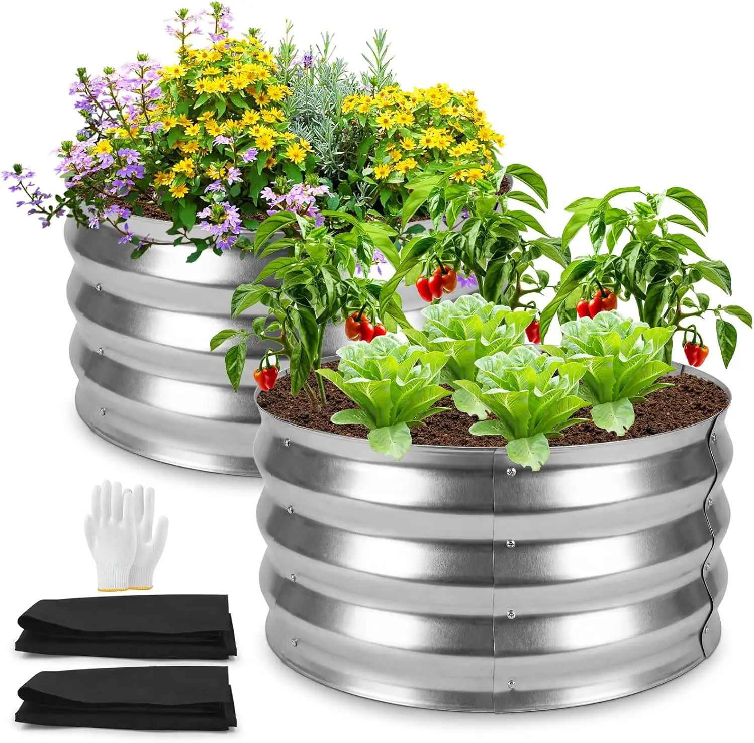 

Round Metal Raised Garden Bed 2 Pack with Fabric Liners, 2 ft × 2 ft × 1 ft, Outdoor Planters for Backyard, Patio & Ga