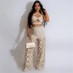 Summer Party Sexy 2 Piece Sets Women High Waist Hollow Out Loose Wide Leg Pants and Backless Strap Crop Top Night Club Outfits