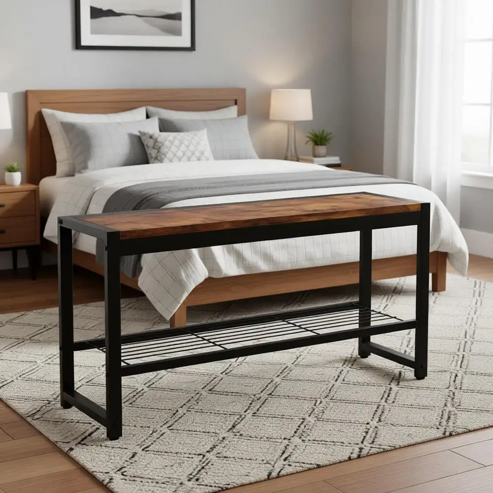 Industrial Entryway Shoe Storage Bench with Mesh Shelf, Sturdy Metal Frame, Rustic Brown