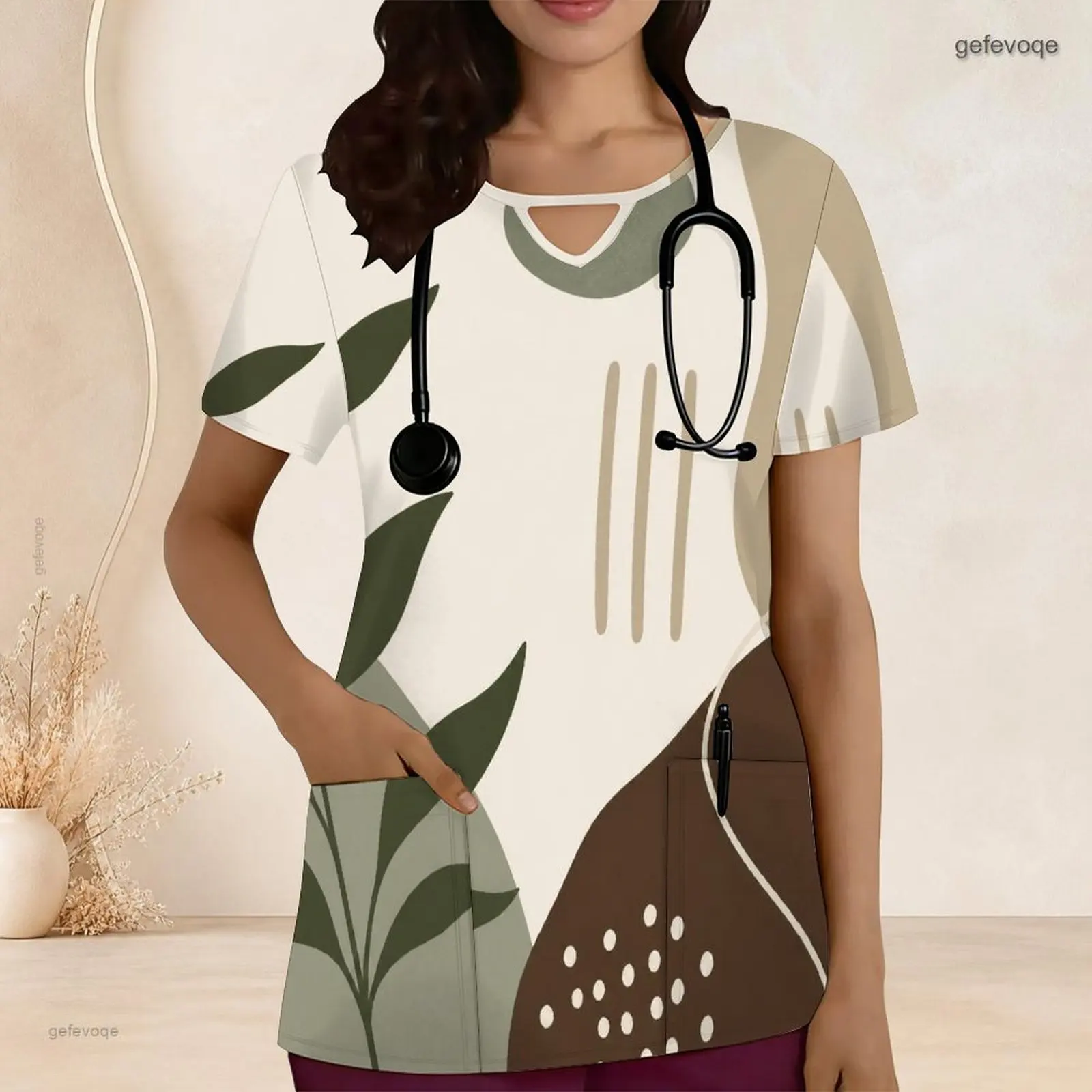 Women Keyhole Neck Short Sleeve Front Pockets Printed Scrub Top