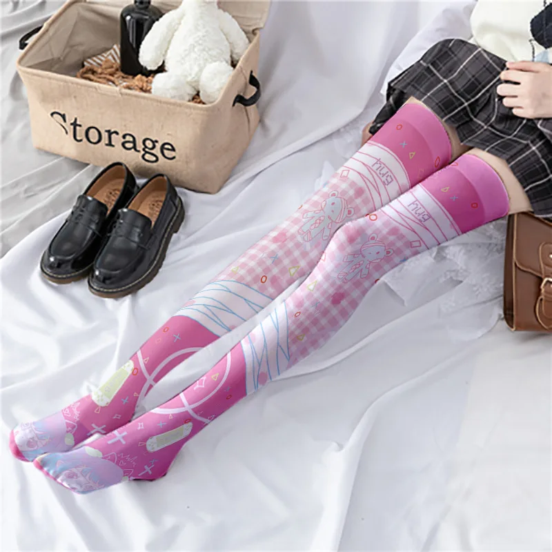 AB Version Cartoon Lolita Over The Knee Thigh High Stockings Japanese Cute Student Pink Print Lolita JK New Thin Women JK Socks