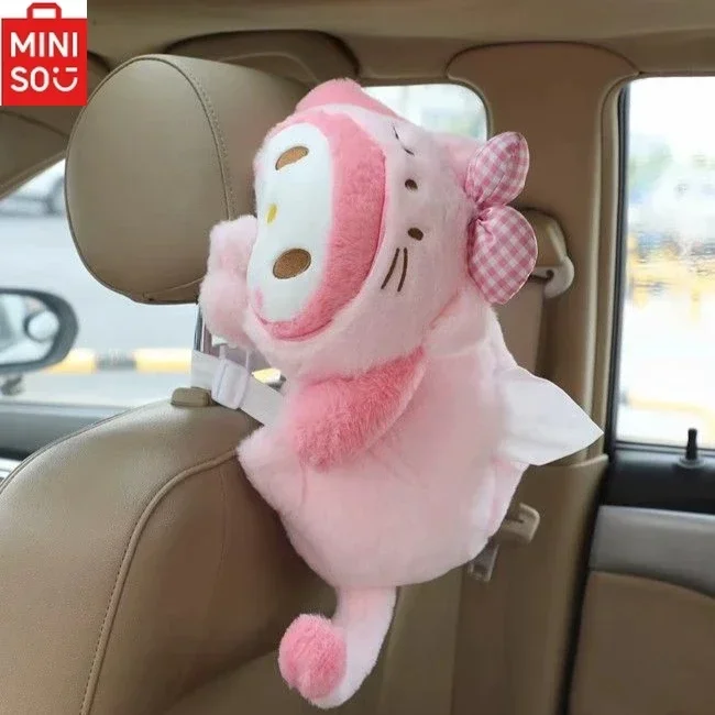 MINISO Sanrio Melody Car Cartoon Plush Tissue Box Cute Doll Kuromi Cinnamon Dog Ladies Car Home Tissue Box Decoration Ornaments