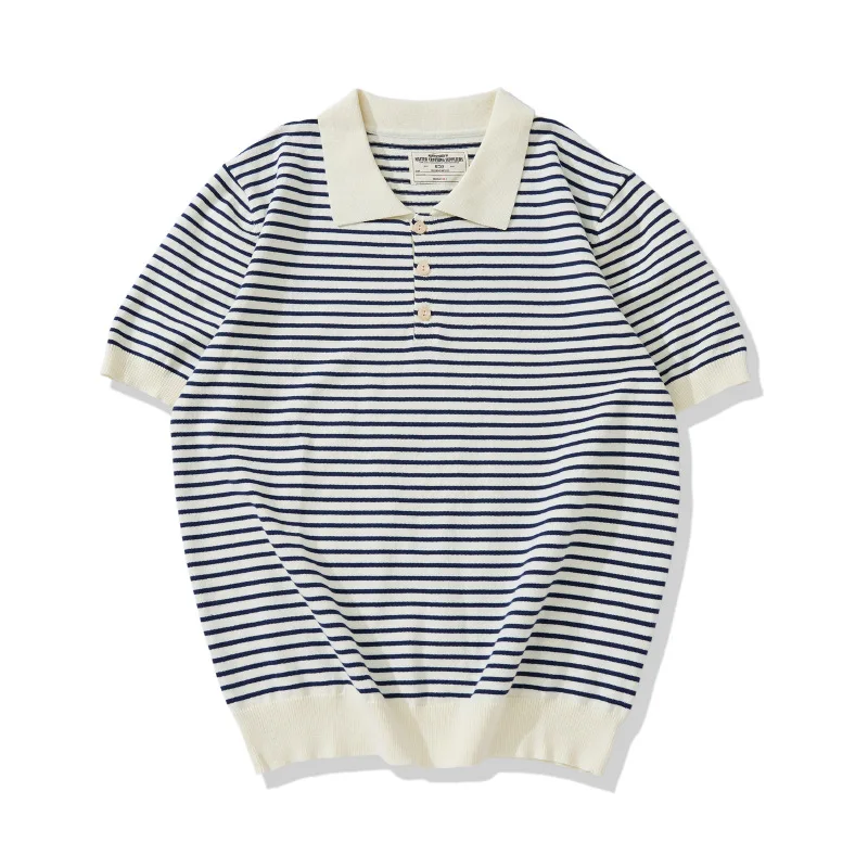 New Amekaji Thick French Casual Lapel Knitted Striped T-shirt Vintage Navy Pinstripe Lapel POLO Shirt