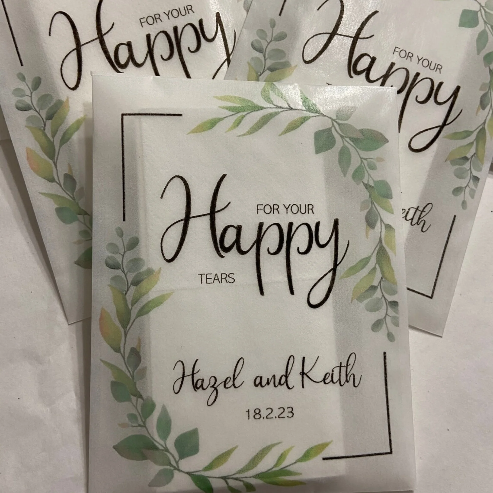 25pcs Personalised tissue pack, for your happy tears, wedding tissues favour, personalised tissue Glassine, eucalyptus, botanica