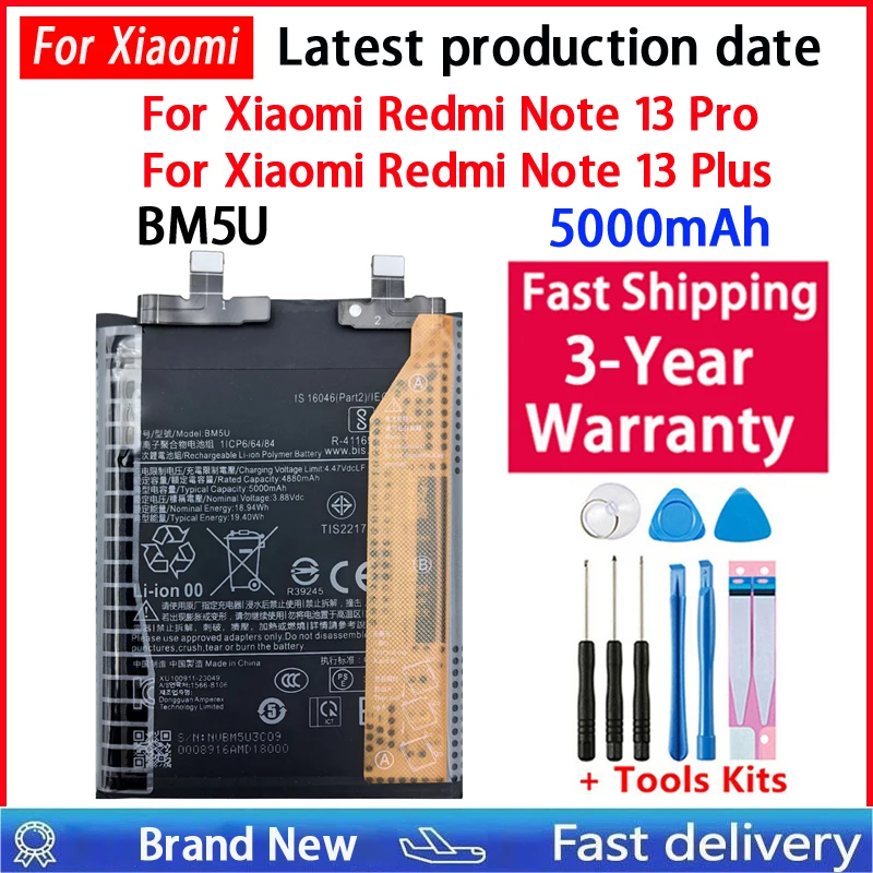 100% Battery BM5U 5000mAh For Xiaomi Redmi Note 13 Pro Plus Note 13 Pro+ Mobile Phone Batteries Bateria Fast Shipping