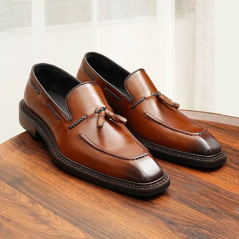 

Mens Genuine Leather Loafers Slip on Shoes Tassel Business Casual Shoes