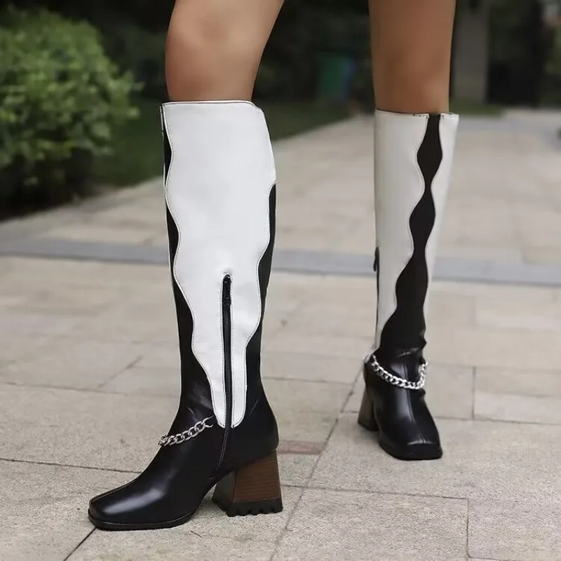 Female Shoes on Sale 2023 Trendy Contrasting Color Woman's Knee-high Boots Stylish Square Toe High Boots Botas Largas De Mujer