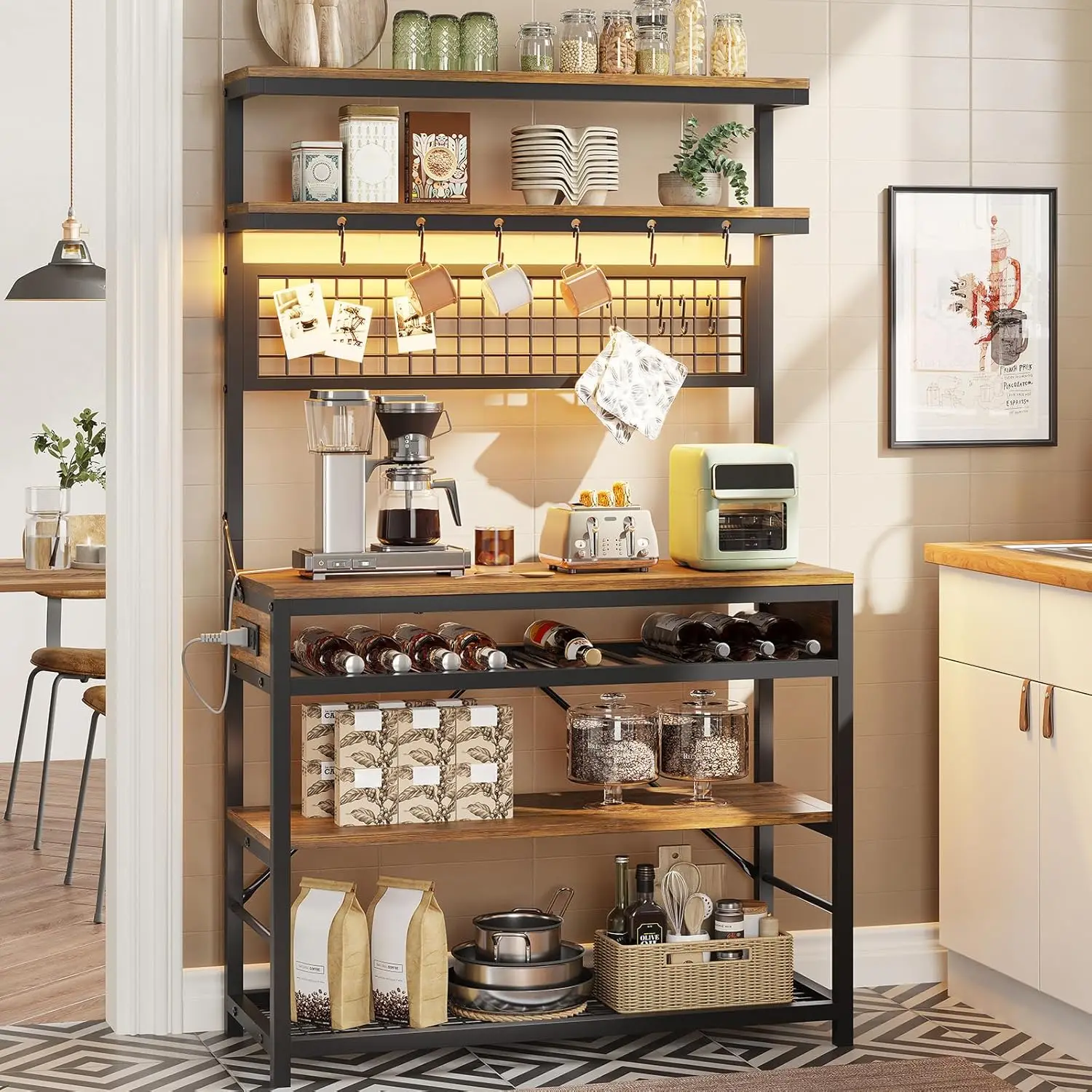 

6-Tier Coffee Bar with Power Outlet, Microwave Stand, Wine Rack, LED Lights and Hooks - Rustic Brown Kitchen Storage