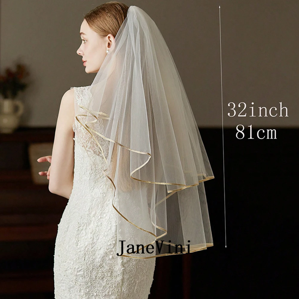 JaneVini 2024 Elegant Off White Short Bridal Veils with Comb Two Layers Champagne Edge Soft Tulle Veil Wedding Bride Accessories