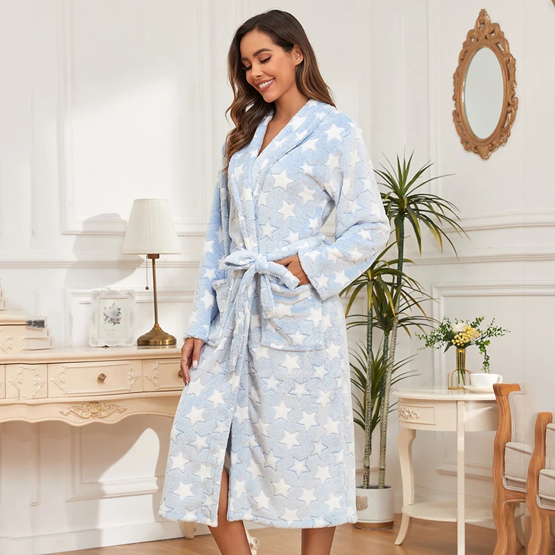 Long Robe Women\'s Long Sleeves Home Clothes Winter Flannel Lounge Wear Thicken Warm Kimono Bathrobe Coral Fleece Sleepwear