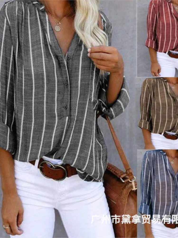 Новинка 2023 года, женская рубашка в полоску, полуоткрытый свободный топ с v-образным вырезом и длинными рукавами, летняя женская модная повседневная рубашка на пуговицах
