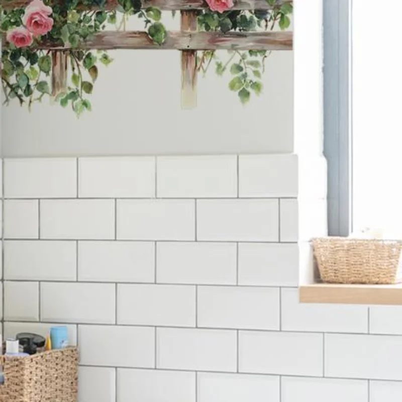 Watercolor Rose Garden Fence Wall Decal Removable Self-Adhesive Waterproof Mural for Kitchen Corridor Home Wall Decoration