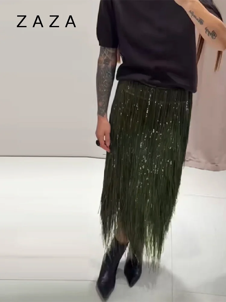 Zaza Chic fiesta vacaciones falda con borlas verdes para mujer paquete de cintura baja faldas de hierba de imitación a la cadera 2025 nueva señora prendas de vestir de calle
