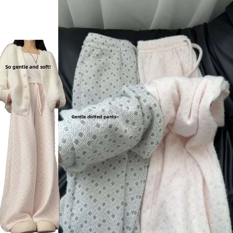한국 슬레 소프트 폴카 도트 팬츠 여성용 가을 겨울 신상 니트 슬림 캐주얼 라이스 누들 팬츠 하이웨이스트 와이드 레그